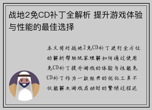 战地2免CD补丁全解析 提升游戏体验与性能的最佳选择