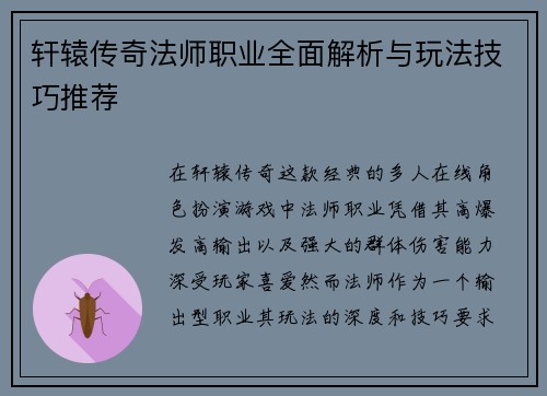 轩辕传奇法师职业全面解析与玩法技巧推荐